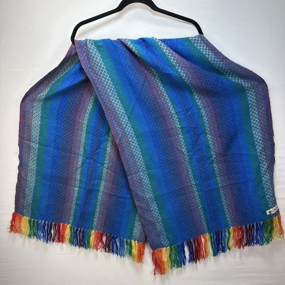 Artesanias Oscar Alpaca‎ Blue Rainbow Stripe Wrap Scarf Hand Woven Made in Peru